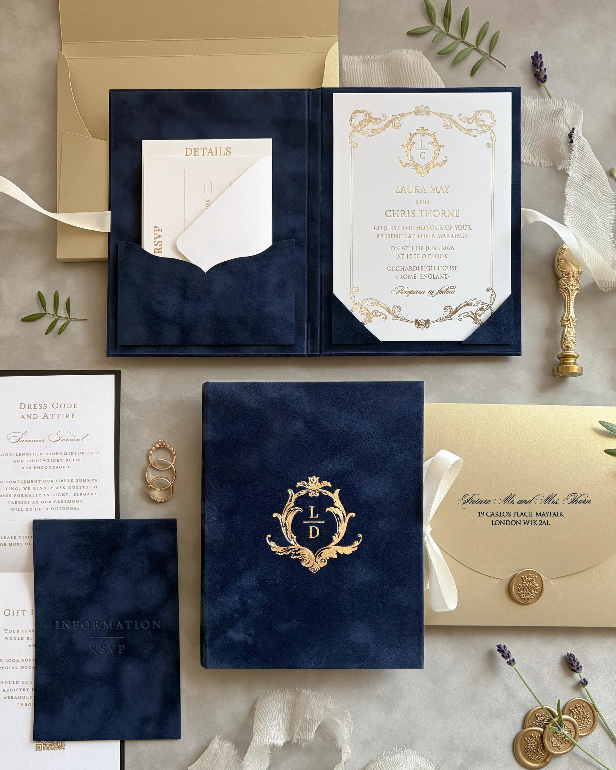 Isabelle Navy Blue velvet folio wedding invitation suite with gold monogram, acrylic insert and insert cards — Polina Perri